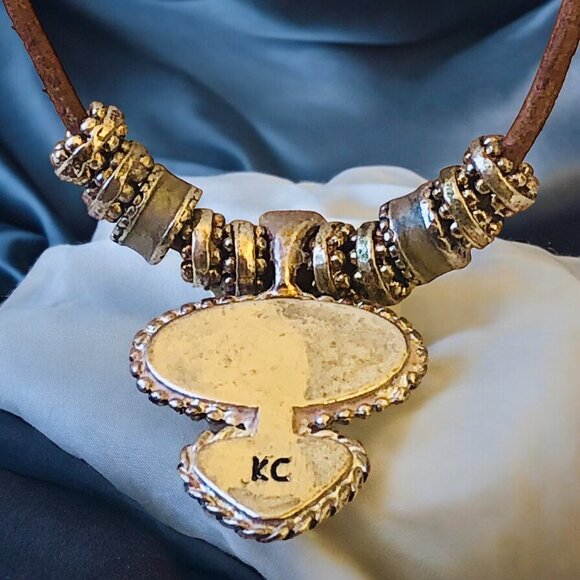 KC Necklace Pendant Cord Vintage Silver Plated Two Gemstones Signed Extender - Picture 4 of 11